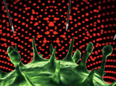 Cartoon of a green coronavirus with a red and black background from the cover of the magazine